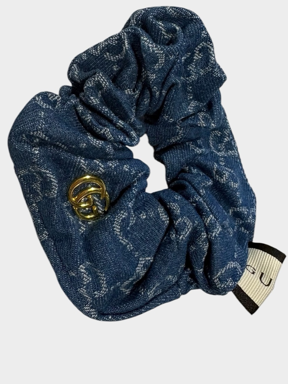 Designer Inspired - Blue GG Monogram Satin Hair Scrunchie, Hair Tie Ponytail NEW